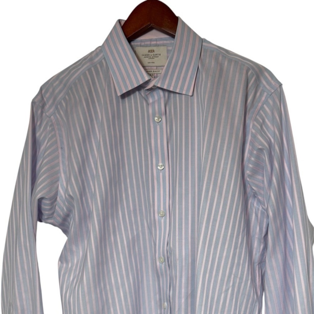 Hawes & Curtis St James Slim Fit Dressw Shirt 16.5 34 Pink Blue Stripe Non-Iron